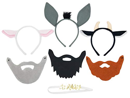 Nativity Dress Up Headband and Mask Set for Kids - Includes 3 Wise Men Beards, 3 Animals and Angel Halo Tan