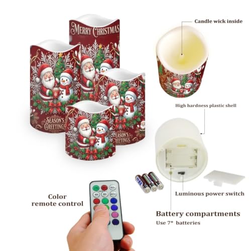 Image of Santa Christmas Color Changing Flameless LED Candles Set of 4 | Snowman Xmas Battery Operated Fake Candles, with Remote Control, Flickering Flame for Home Holiday Party Centerpiece Decor