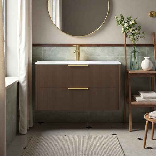 Image of 36 inch Wall-Mounted Bathroom Vanity Cabinet with Sink, Walnut | Integrated Basin Sink, Carrara White Sintered Stone Basin, 2 Soft-Close Full-extension Drawers, Golden Handles, Pre-assembled