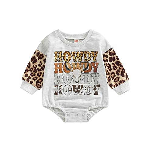 Image of Lamuusaa Western Baby Girl Boy Clothes Long Sleeve Romper Sweatshirt Cow Print Bodysuit Oversized Sweater Fall Outfit 0-24M (Leopard A, 6-12 Months)