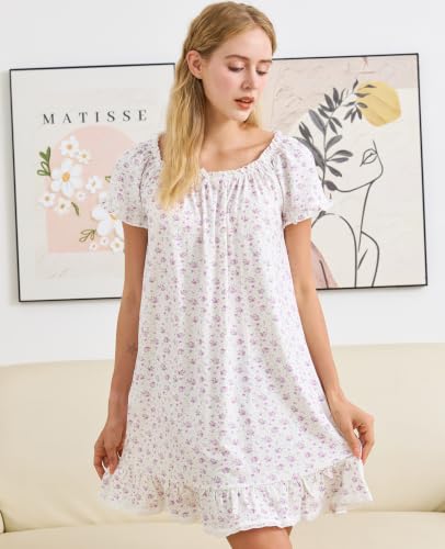 Image of Nanxson Women's Cotton Nightgown Short Sleeve Sleepwear Vintage Nightshirt | Summer Victorian Sleepdress,White Sleepshirt,U Neck Lace Loungewear,Soft Nightshirt,Loose Loungedress,Bride Nightwear