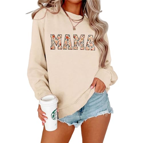 Image of BOUTIKOME Mama Sweatshirt Women Funny Mama Letter Print Graphic Mom Life Long Sleeve Crewneck Pullover Shirt Loose Tops