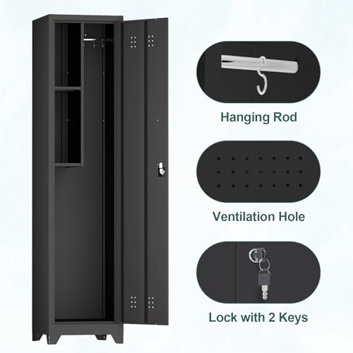 Image of Slim Cabinet for Small Spaces, Metal Bathroom Storage Cabinet with Shelves, Hooks, Narrow Locking Cabinets with 2 Keys, 65 inch H Tall Storage for Home Office, Living Room, Dining Room, Black