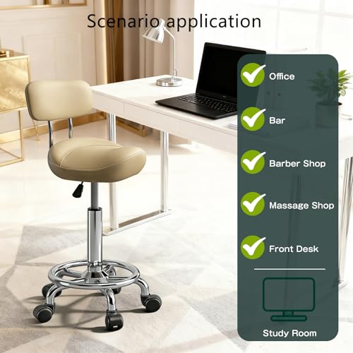 Image of Saddle Stool with Back and Ring Pedal, Adjustable Hydraulic Rolling Chair with Wheels for Salon, Spa, Medical, Massage & Drafting Use Khaki