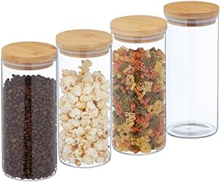 Relaxdays Jars in Set of Four, 1300 ml Each, Bamboo Smell-Proof Lids, Dry Food Storage, Glass, Transparent/Brown, 60% 30% 10% Silicone