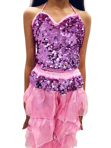 Image of BookMyCostume Western Dance Costume for Girls - Light Pink Sequin Top & Palazzo Set | Stylish Strapless Halter Neck Dress | Annual Day Dance Dresses & Fancy Dress for Stage Shows | 8-10 Years