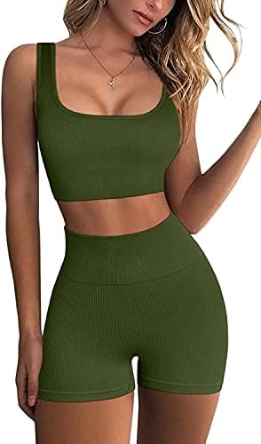 Sweat Set for Women 2 Pieces Running Sport Outfits Padded Sport Bra Tummy Control Sport Shorts Leggings Exercise Sets Activewear Army Green L