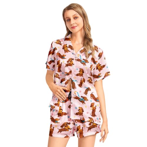 Image of Funny Satin Pajamas Set for Women Button Down Sleepwear Print Pjs Set 2 Piece Short Sleeve Loungewear Gift for Women