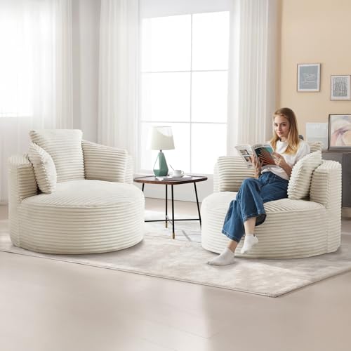 Image of Antetek 48.8-inch Round Chair, Modern Accent Corduroy Comfy Deep Seat Boneless Foam Floor Single Circle Chaise Sofa Chair with 3 Pillows for Living Room Bedroom Office, No Assembly Required, White