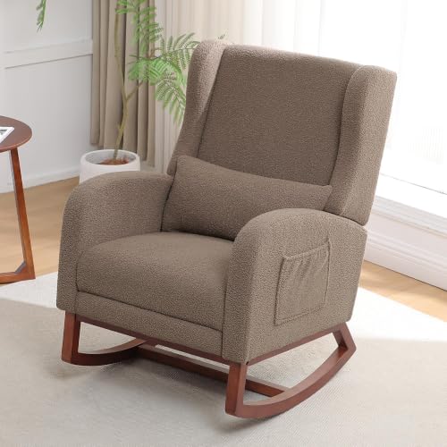 Image of HCHAIRH Rocking Chair with Foot Rest, Wingback Nursery Rocking Chairs, Teddy Nursing Glider Rocker Chairs with Pillow and High Back for Nursery, Living Room, Bedroom,Coffee