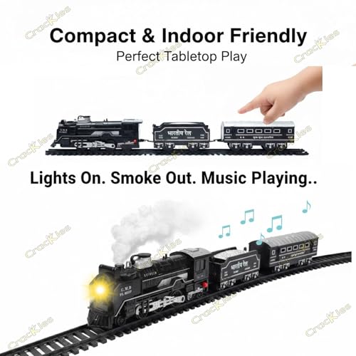 Image of Crackles Small Steam Train Set for Kids - Light & Hindi Music Vintage Engine with Smoke Effect, Rechargeable Battery, Type-C Cable, Water Dropper & Tracks - Battery Operated Toy for Boys & Girls