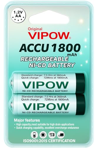 Image of Ni‐CD AA Rechargeable Battery 1800mAh 1.2v | Pack of 2 | Low Self Discharge | Used with Digital Camera, Game Controller, LED Torch, Toys, Shaver and More (Ni‐CD) VIPO