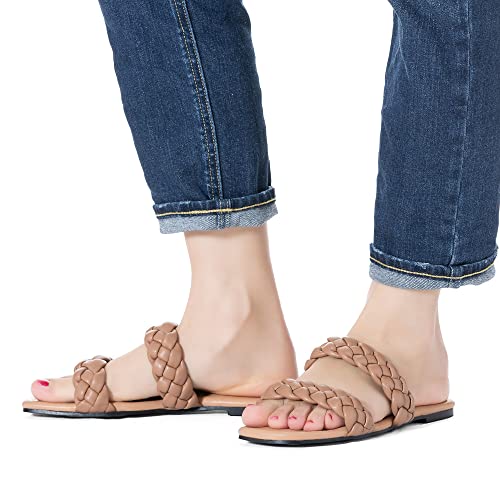 Image of Mtzyoa Women Flat Sandals Raffia Braided Summer Straw Dressy Casual Vacation Bohemian Cute Beach Comfy Slip On Slides