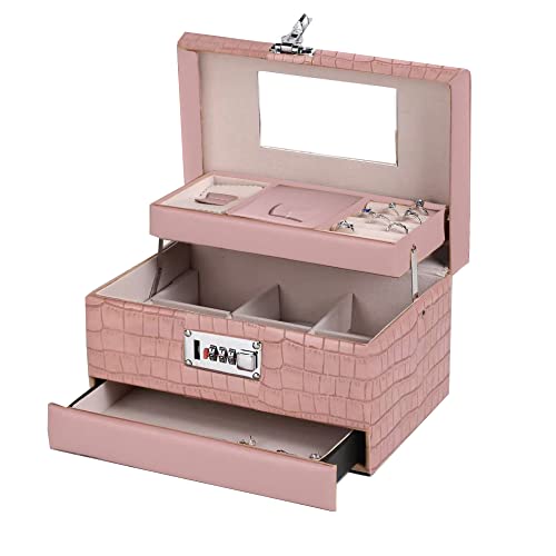 SIBY Jewelry Display Storage Case For Girl Women | 3 Layer Pu Leather Jewellery Travel Organizer For Necklaces Earrings Rings Bracelet | Vanity Bag With T Shaped Lock & Mirror for Travel
