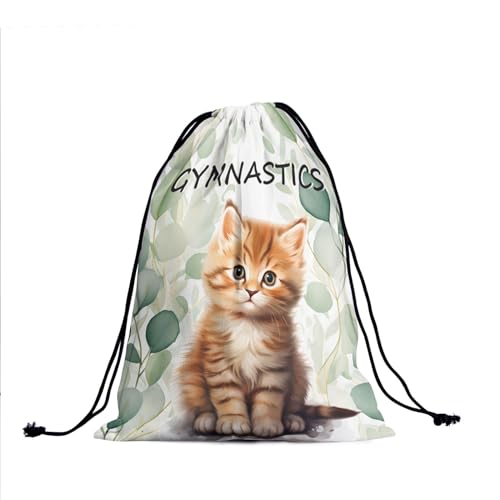 Image of Nerxy Gymnastic Cat Drawstring Grip Bag - Eucalyptus Leaves Gym Bag for Gymnasts Pet String Bag Botanical Leaf Gym Drawstring Pouch for Travel Sports
