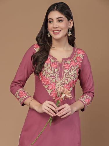 Image of QAZMI Women's Noura Kashmiri Aari Embroidered Viscose Rayon 3 /4 Cuff Sleeves A-Line Kurta
