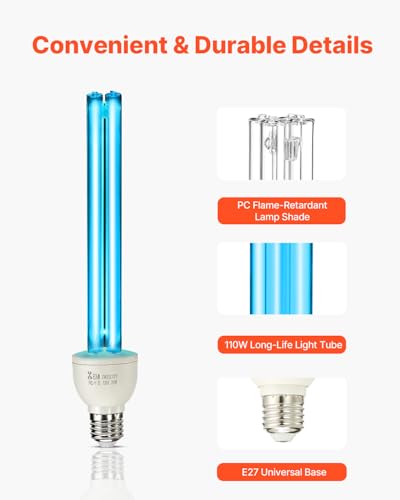 Image of VEVOR Clean Light Bulb, 2 Pack, 25W Replacement Lamp with Ozone, 253.7 nm + 185 nm Wavelength Clean Light Bulb, E27 Universal, for 400 sqft Living Room, Classroom, Office, and Restaurant