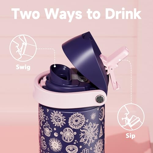 Image of 24 oz Insulated Water Bottle for Women: Meoky Stainless Steel Metal Water Bottle with 2-in-1 Straw and Spout Lid - Leak Proof, Cold for 24 Hours, Protective Silicone Base, BPA-Free for School, Arcana