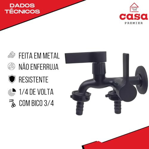 Torneira 2 Saídas Tanque Metal Maquina De Lavar Preta C70 Acabamento Fosco Cor Preto