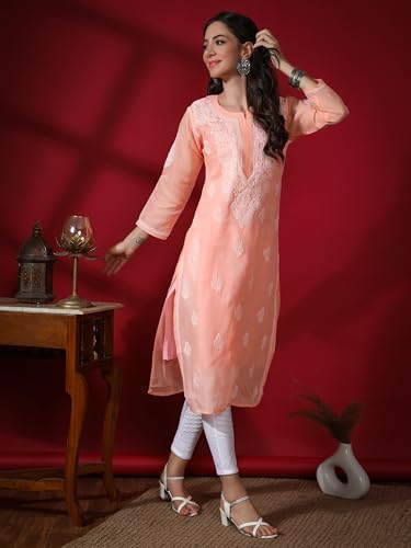 Image of Seva Chikan Hand Embroidered Lucknowi Chikankari Cotton Kurta Kurti for Women SCL4302