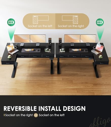 Image of OffiGo 55 Inch L Shaped Electric Standing Desk with 4 Drawers, Black | Reversible Corner Table, Office Desk With 4 Drawers and Outlets For Home Office, Computer Workstation And Sit Stand Use