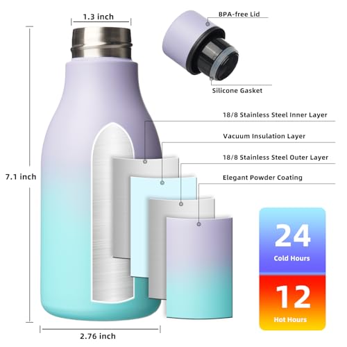 Image of BJPKPK Insulated Water Bottles, 12oz Stainless Steel Metal Water Bottle with Strap, BPA Free Leak Proof Jugs, Mugs, Flasks, Reusable Thermal Flasks for Sports & Travel, Lavender Mint