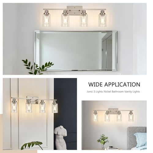Image of Jonsi Brushed Nickel Bathroom Light Fixtures, 4-Light Brushed Nickel Vanity Light, Bathroom Vanity Light with Stripe Glass Shade, E26 Wall Sconces Over Mirror for Bathroom, Living Room, Hallway