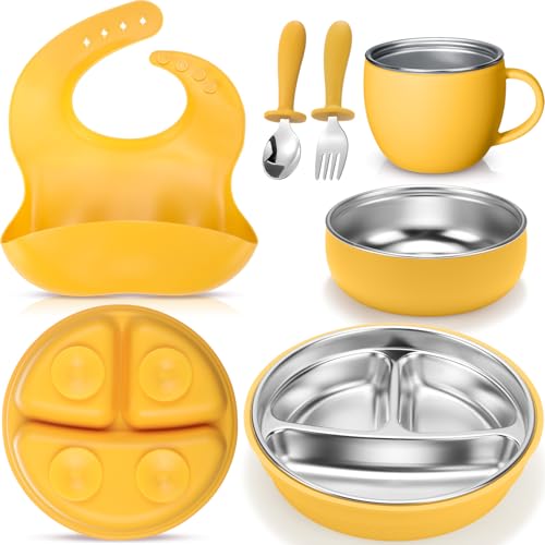 Nuogo 6 Pcs 304 Stainless Steel Kids Plates and Bowls Set Stainless Steel Suction Bowls and Toddler Cup with Removable Silicone, Forks Spoons Pocket Bib for Baby Toddle(Yellow,Round)