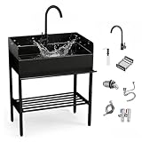 Lavandino Inox con Mobiletto, Lavatoio da Esterno e Giardino Autoportante con Paraspruzzi su 3 Lati, Vasca Lavanderia Altezza 92cm con Miscelatore, Lavello per Garage, Officina(90 x 45 x 92cm)