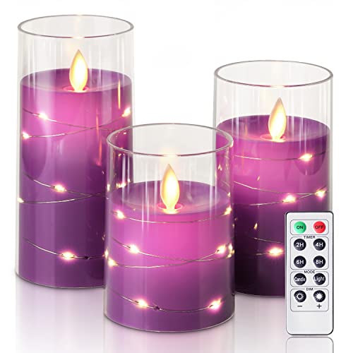 Homemory Flickering Flameless Candles With String Lights, Battery Operated Candles, Embedded String Lights Led Candles, Unbreakable Plexiglass Candles With Remote, Set Of 3, Purple #TOP13
