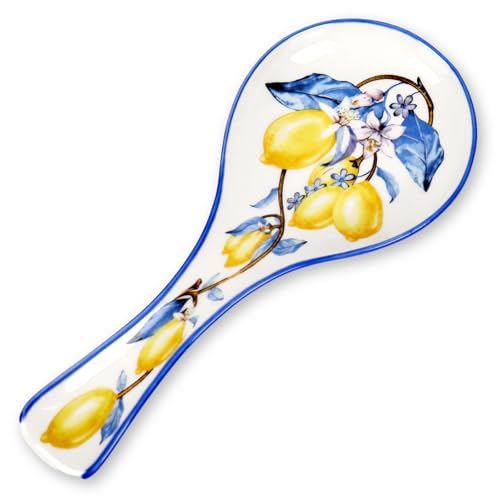 Whaline 8.9 Inch Lemon Spoon Rest Yellow Lemon Blue Leaves Ceramic Spoon Holder Watercolor Chinoiserie Cooking Utensils Holder for Summer Stove Top Kitchen Counter Decor