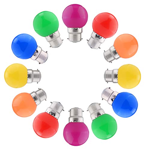 12 Pack Coloured LED Light Bulbs B22 Bayonet, Brightfour Festoon Golf Bulb 1.5W, Mixed Colours Red Green Blue Orange Yellow Pink for Outdoor Indoor String, Christmas, Tree, Fairy Party Night Lights