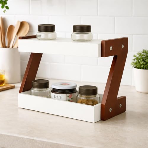Image of Kundi 2-Tier Storage Shelf for Spices & Oils - Countertop Organizer with Shelf (White)
