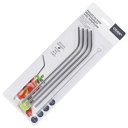 COOK CONCEPT - KV7270 Pajitas de Acero Inoxidable Reutilizables con Cepillo - Set de 4 Pajitas de Diseño para Eventos - Tamaño Único - Color INOX