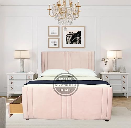 Pink Plush Velvet Divan Bed Frame with 26 inches Vertical liner headboard & Footboard| Divan Bed Frame with 10 inches thick Spring Memory Foam Mattress and 2 Side Storage Drawers (5FT King Size)