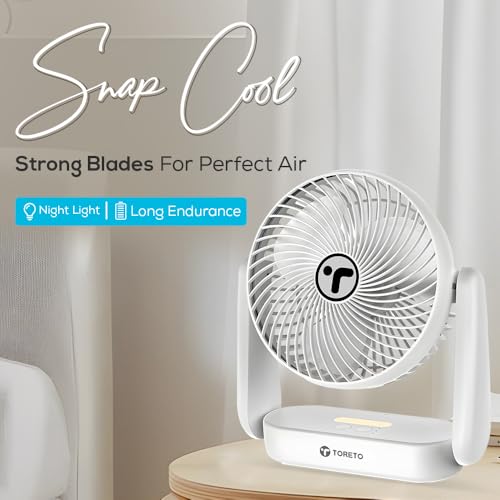 Image of Toreto SnapCool 3-in-1 Portable Rechargeable Fan with Night Light, Type-C Charging, 3 Speed Modes, 360 Adjustable, Desktop /Wall /Ceiling Mount, 1 Year Warranty (White)