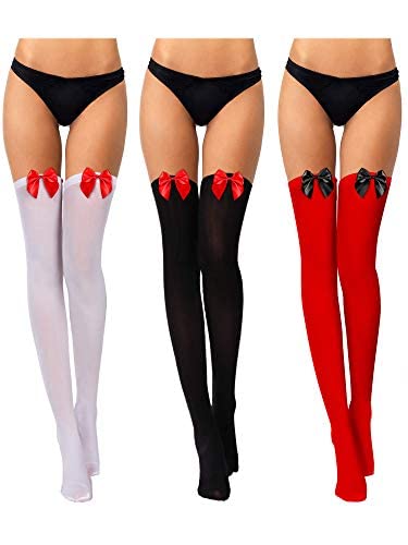 Boao 3 Pairs Thigh High Stockings Thigh High Socks with Bow for Women over Knee Lingerie Stockings for Cosplay Daily Wear: Medium Black, Red, White