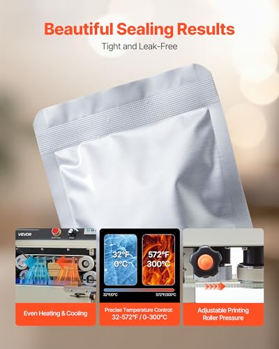 VEVOR Kontinuierliche Versiegelungsmaschine, 6-12 mm Siegelbreite, Vertikal, mit Rollendruck, Siegelmaschine Temperatur & Geschwindigkeit einstellbar, passend für 0,03-0,8 mm Plastikbeutel