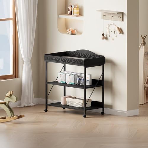 Image of Baby Changing Table, Diaper Station with Pad, 2-Tier Shelves, Mobile, Black