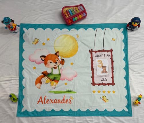 Image of Growth Keepsake Baby Blanket 51 * 43 Inch Fox Theme Custom Name Newborn Monthly Age Marker Blanket Cute Fox Print Background Soft Washable Infant Play Mat