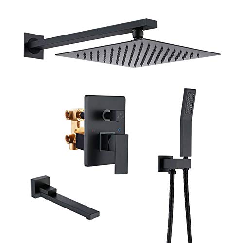 RBROHANT Matte Black Shower Faucet Set Wall Mount Bathroom Shower System, 10 Inch Rain Shower Head with Handheld Sprayer and Bathtub Spout, Rough-in Valve included, RCS85012MB