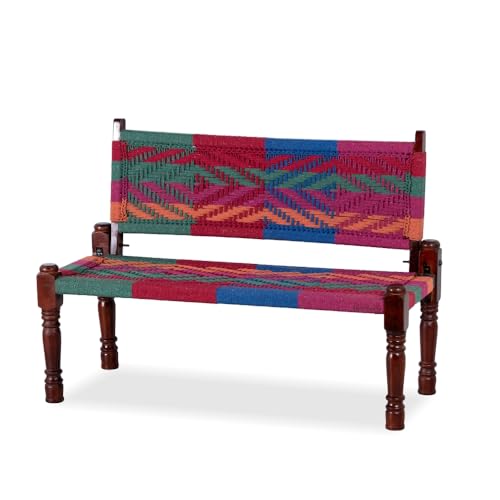 Image of Srima Wooden Bench for Living Room | Handcrafted Sheesham Wood Backrest Bench for Balcony & Garden | Traditional Rajasthani Patio for Outdoor with Cotton Handwoven Rope | Colorful 4