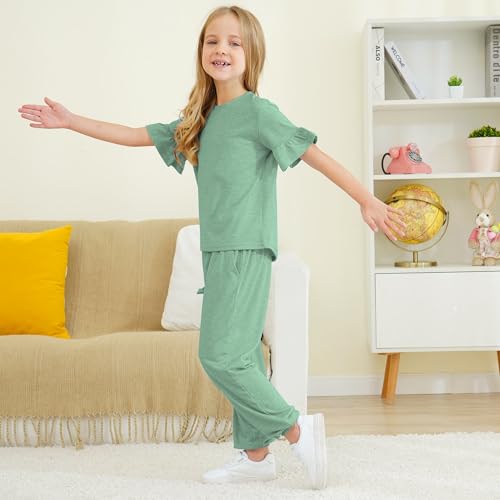 Image of Kids Girls Outfits Ruffle Sleeve T-Shirt Pants Set 2Piece 4-13 Years