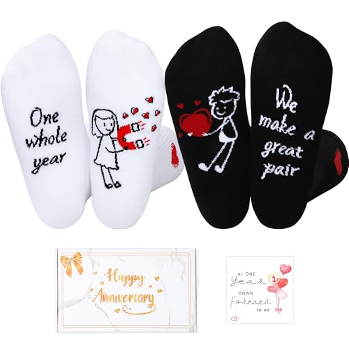 EcoUtens 1 Year Anniversary Romantic Gift Set – Couple Socks with 1st Anniversary Card & Gift Box for Couples, Him, Her, Husband, Wife (Couple Characters)
