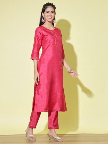Image of VredeVogel Women's Cotton Silk Blend Straight Kurta Trouser With Dupatta Set