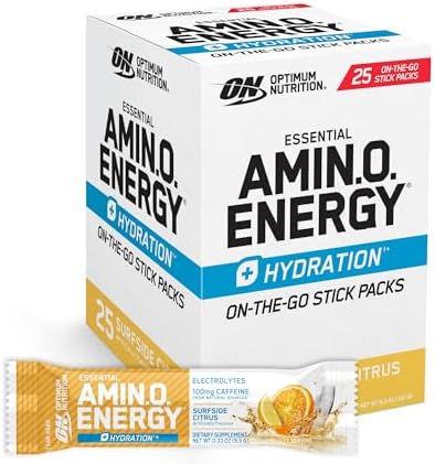 Optimum Nutrition Amino Energy Plus Hydration Packets, On-The-Go Caffiene Stick Packs, Surfside Citrus, 25 Count