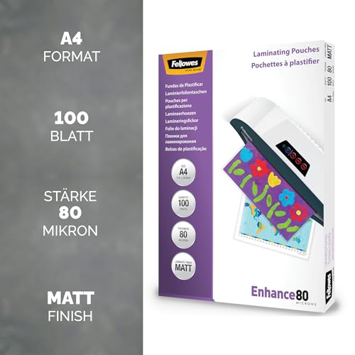 Fellowes A4 matte Laminierfolien, entspiegelt, 160 Mikron (2×80 mic), für Heißlaminiergeräte, 100 Stück