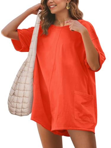 Glamaker Womens Oversized Tee Romper Summer Casual Athletic T-shirt Romper Backless Loose Fit Overalls Shorts With Pockets (Orange Red M)