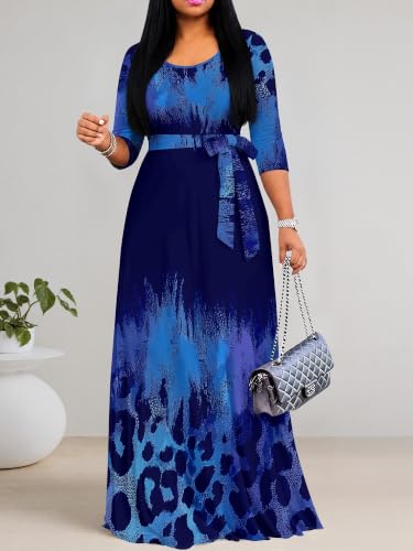 Image of PinkPatty Plus Size Maxi Dress for Women Casual V Neck 3 /4 Sleeve Boho Printed Long Dress with Pockets