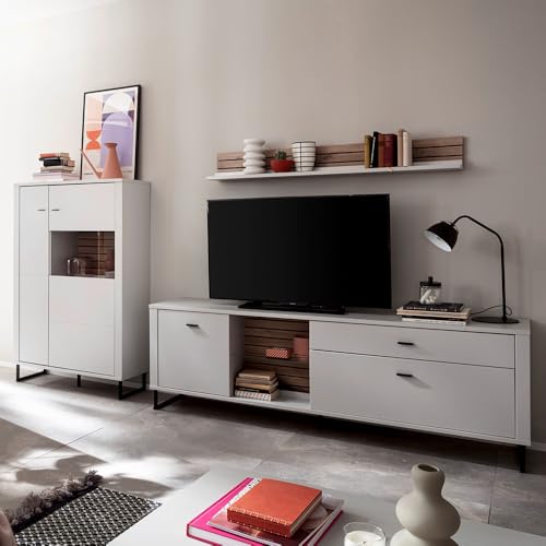 Lomadox Wohnwand Wohnmöbel Set weiß mit Eiche-Lamellen Modern, 1 Highboard, 1 Wandboard, 1 Lowboard